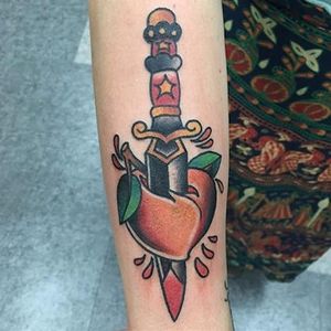 Peach tattoo by Adam Habecker. #peach #fruit #dagger #trad