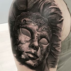 Black and grey venezian mask tattoo #Venezianmask #blackandgreytattoos #GabrielePais