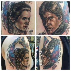 Han Solo and Leia Tattoo by Delaney Keldel #hansolo #princessleia #hansoloandleia #leia #starwars #couples #couple #DelaneyKeldel