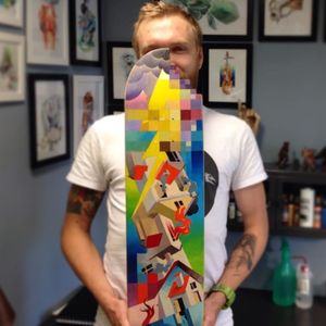 A fucking radical painting on a skateboard deck by Alexey (IG—leshalauz). #Alexey #colorful #newschool #pixelated