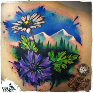 Refreshing Mountain scenery Watercolor Tattoo via @EwaSrokaTattoo #EwaSrokaTattoo #Rainbow #Bright #WatercolorTattoo #Mountain #Scenerytattoo #Poland #watercolor