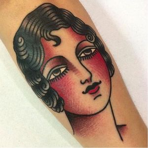 Classy girl head tattoo done by Nick Mayes. #NickMayes #NorthSeaTattoo #traditionaltattoo #classictattoos #girl #girlshead