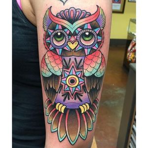 Owl Tattoo by Katie McGowan #Traditional #BoldTattoos #ColorfulTattoos #Colorful #KatieMcGowan