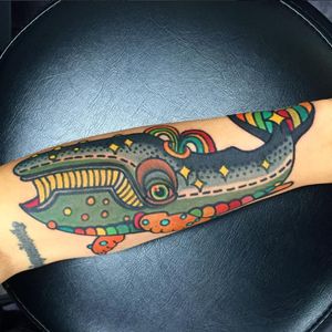 This whale by Deno (IG—denotattoo) seems to take after The Yellow Submarine. #Deno #streetart #surreal #traditional #trippy #whale