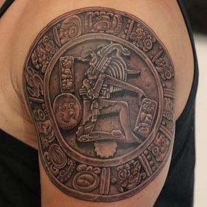 Goethe's (IG—tattoosbygoethe) rendition of a disc demarking the ballcourt of the Mayan ruins of Chinkultic. #artifact #Aztec #blackandgrey #death #fineart #Goethe #Underworld