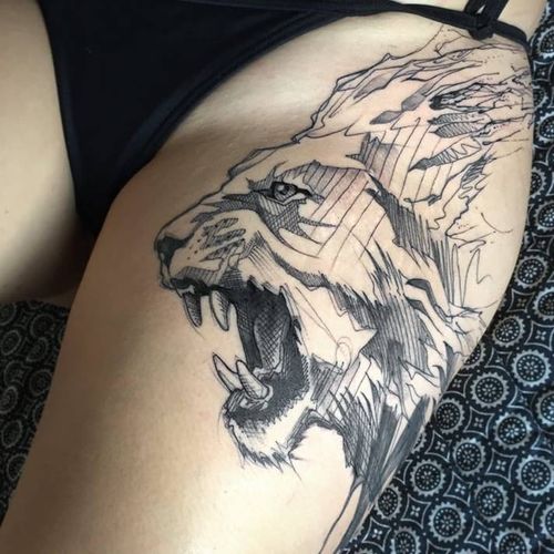 Lion tattoo by L'oiseau #Loiseau #contemporary #graphic #sketch #monochromatic #monochrome #lion