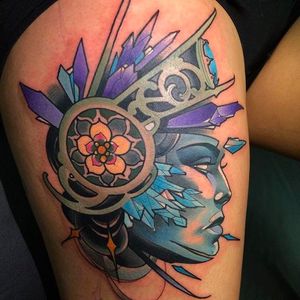 Amazing girl head Neo Traditional style by Aaron Riddle. #AaronRiddle #tattoo #neotraditional