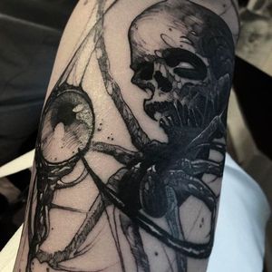 Awesome detail shot of Brandon Herrera's tattoo work. #brandonherrera #darktattoos #skull #spider #blackwork