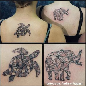 Sweet geometric best friend tattoos by Andrew Wagner. #andreweagner #bestfriends #bestfriendtattoos #bfftattoos #matchingtattoos #geometrictattoos #linework #LineworkTattoos #turtletattoo #elephanttattoo