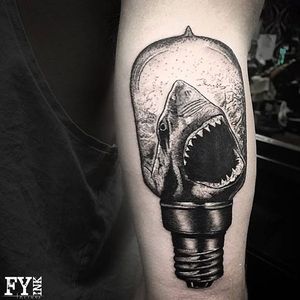 Shark Light Bulb Tattoo by @mannyfaces_tattoo #lightbulb #shark #blackwork #mannyfacestattoo