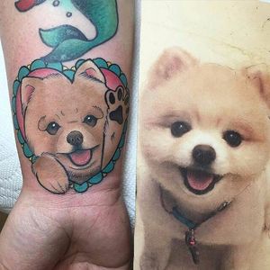 A super-fluffy pastel pomeranian and heart tattoo by @tattoosbyjaclyn. #dog #heart #pastel #pomeranian #tattoosbyjaclyn #neotraditional