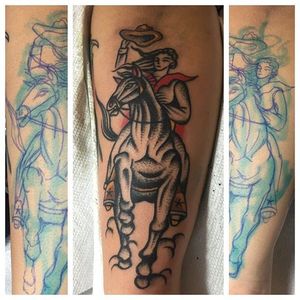 Cowgirl Tattoo by Max Kuhn #cowgirl #freehand #freehandtraditional #traditional #drawnon #nostencil #oldschool #traditionalartist #MaxKuhn