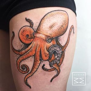 Octopus Tattoo #octopus #dotwork #colordotwork #subtletattoos #minimal #delicatetattoos #MariyaSummer