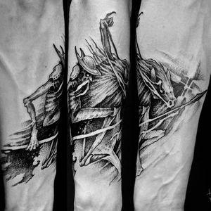 Don Quixote tattoo by Sergei Titukh. #SergeiTitukh #blackwork #creepy #nightmare #creature #spooky #dark #monster #donquixote