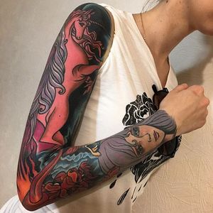 Unicorn Sleeve Tattoo by Alexander Pozniakov #sleeve #sleevetattoo #sleeveinspiration #ukrainianartist #ukrainetattoo #AlexanderPozniakov