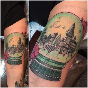 Harry Potter tattoo by Jessica White. #JessicaWhite #jawtattoos #neotraditional #harrypotter #hp #book #movie #snowglobe