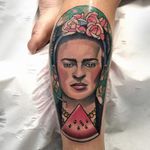 A whimsical depiction of Frida Kahlo from Roger Mares's portfolio (IG—mares_tattooist). #FridaKahlo #neotraditional #portraiture #RogerMares