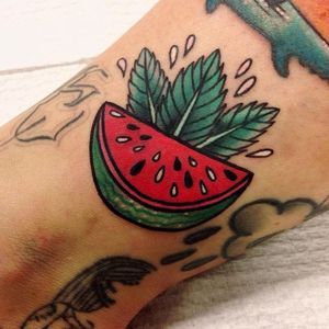 Juicy mint and watermelon tattoo by Miss Quartz. #traditional #cute #MissQuartz #fruit #herb #mint #watermelon