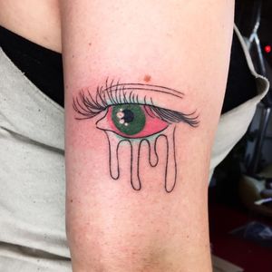 Seeing eye tattoo by Sallymknz aka ruffenough #Sallymknz #ruffenough #cooltattoos #stickandpoke #nonelectric #handpoke #linework #color #eye #tears #crying #surreal #tattoooftheday