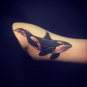 Black and grey orca tattoo by Hanjoo Lee. #neotraditional #styledrealism #orca #killerwhale #HanjooLee #whale