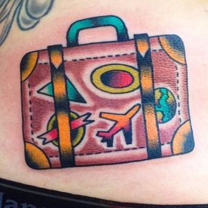 Suitcase Tattoo by Paul Van Horn #suitcase #wanderlust #traveltattoos #traditional #PaulVanHorn