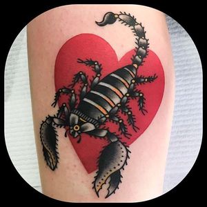 Scorpion in a heart tattoo by Leonie New. #LeonieNew #traditional #scorpion #heart #negativespace
