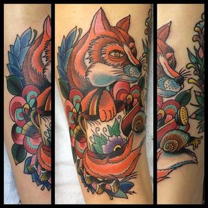 Traditional Fox Tattoo by Mark Stewart #fox #foxtattoo #foxtattoos #traditionalfox #traditionalfoxtattoo #traditional #traditionaltattoo #traditionalanimal #MarkStewart