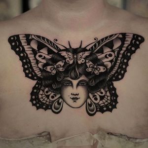 Classic butterfly Lady Tattoo by Todd #Toddtattooer #Black #Traditional #Lady #Lyon #France #mercibonsoir #butterfly