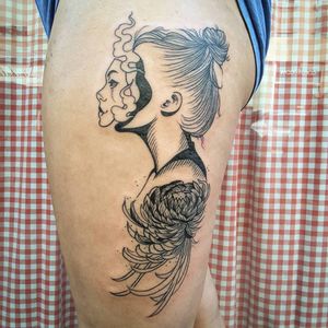 Gorgeous tattoo by Kim Tran #KimTran #illustrative #graphic #blackwork #portrait #surrealistic