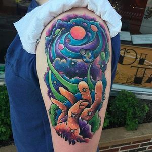 Cosmic coverup earth tattoo by @shawnpopeart #earth #earthtattoo #climatechange #planetearth