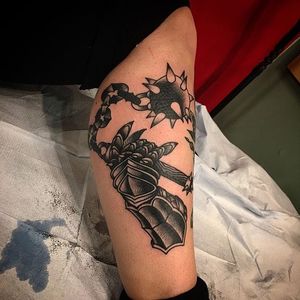 Gauntlet Tattoo by Blake Walker Meeks #gauntlet #knight #war #armor #blackwork #blckwrk #BlakeWalkerMeeks