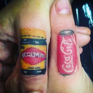 Mini Vegemite and Coca-Cola can tattoos by @tattoos_by_simon. #minature #can #cocacola #vegemite #jar #australian #austalia #fingertattoo #tattoos_by_simon