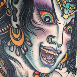 Closeup shot of one of Valerie Vargas' (IG—valeriemodernclassic) best sorceress tattoos in color. #color #sorceress #traditional #ValerVargas