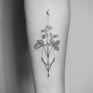 Minimal flower tattoo by Amanda Piejak #AmandaPiejak #flowertattoos #blackandgrey #linework #dotwork #flower #floral #leaves #minimal #abstract #geometric #strawberry #blossom #fruittattoo #foodtattoo