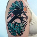 Panther tattoo by Luca Font #LucaFont #animaltattoos #color #abstract #cubist #nature #animal #graphic #panther #junglecat #cat #leaves #sun
