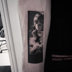 Blade Runner tattoo by Cold Gray #ColdGray #blackandgrey #realism #realistic #hyperrealism #BladeRunner #filmstill #movietattoo #smoke #smoking #SeanYoung #film #actress