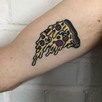 Slice 'o' NY's finest. Tattoo by Lexi Hollis #LexiHollis #newyorktattoo #color #traditional #newschool #mashup #pizza #foodtattoo #cheese #mushroom #pepperonipizza #pepperoni #newyorkcity #nyc