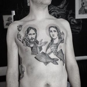 Arty tattoo by Otto D'Ambra #OttoDAmbra #surreal #engraving #blackwork #JesusChrist #virginmary #fish