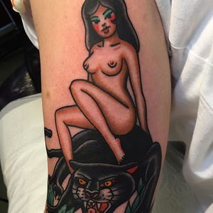 Panther Babe by Jaclyn Rehe (via IG-jaclynrehe) #americantraditional #pinup #panther #nude #color #JaclynRehe #ChapelTattoo