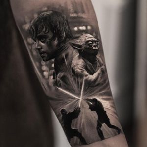 Star Wars tattoo by Inal Bersekov #InalBersekov #besttattoos #blackandgrey #StarWars #movietattoos #lukeskywalker #yoda #lightsaber #realism #realistic #hyperrealism #scifi #galaxy #portrait #tattoooftheday