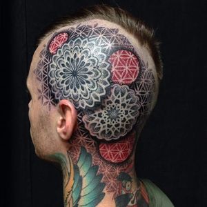 Tattoo by Cory Ferguson #geometric #dotwork #blackwork #redink #CoryFerguson