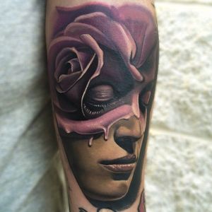 Sick composition and execution on this girl head and rose tattoo by Jake Ross. #JakeRoss #rose #girl #tattoo #colored