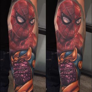 Spider-Man and Thanos by Audie Fulfer Jr. (via IG -- audie_tattoos) #AudieFulferjr #spiderman #spidermantattoo