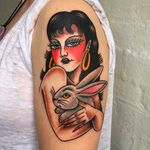 Pin-up Girl and Bunny Tattoo by Rachie Rhatklor @Rachie.Rhatklor #RachieRhatklor #Pinup #Pinupgirl #Girl #Bunny #Rabbit #Traditional #Neotraditional #Melbourne