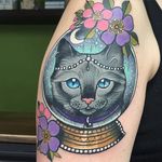 I see a lot of cats in your future. Neo traditional tattoo of a cat in a crystal ball by Charlotte Timmons. #neotraditional #cat #flowers #fortuneteller #crystalball #CharlotteTimmons