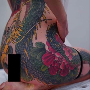 Dragon protection by Artemy Neumoin #ArtemyNeumoin #color #Japanese #dragon #peony #flowers #nature #leaves #scales #folklore #animal #tattoooftheday