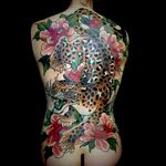 Leopard and Peony back-piece by Alix Ge #AlixGe #color #leopard #peony #tattoooftheday