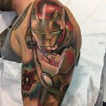 An action-packed portrait of Marvel's Iron Man by Roger Mares (IG—mares_tattooist). #IronMan #Marvel #neotraditional #portraiture #RogerMares