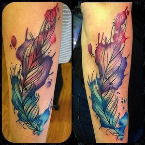 Friends with matching watercolor feather tattoos by Samantha Vail. #watercolor #matchingtattoo #feather #illustrative #SamanthaVail