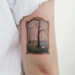 Secret place tattoo by Doy #tattooistdoy #doy #landscapetattoo #realism #realistic #hyperrealism #watercolor #painterly #landscape #swans #forest #trees #lake #nature